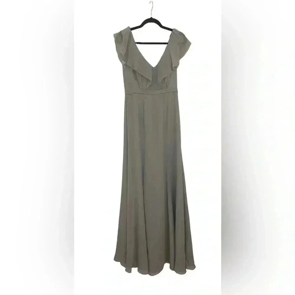 Jenny Yoo Rochelle Green/ Gray Ruffle V-Neck V-Back Maxi Bridesmaid Dress Size 4 - Picture 1 of 10